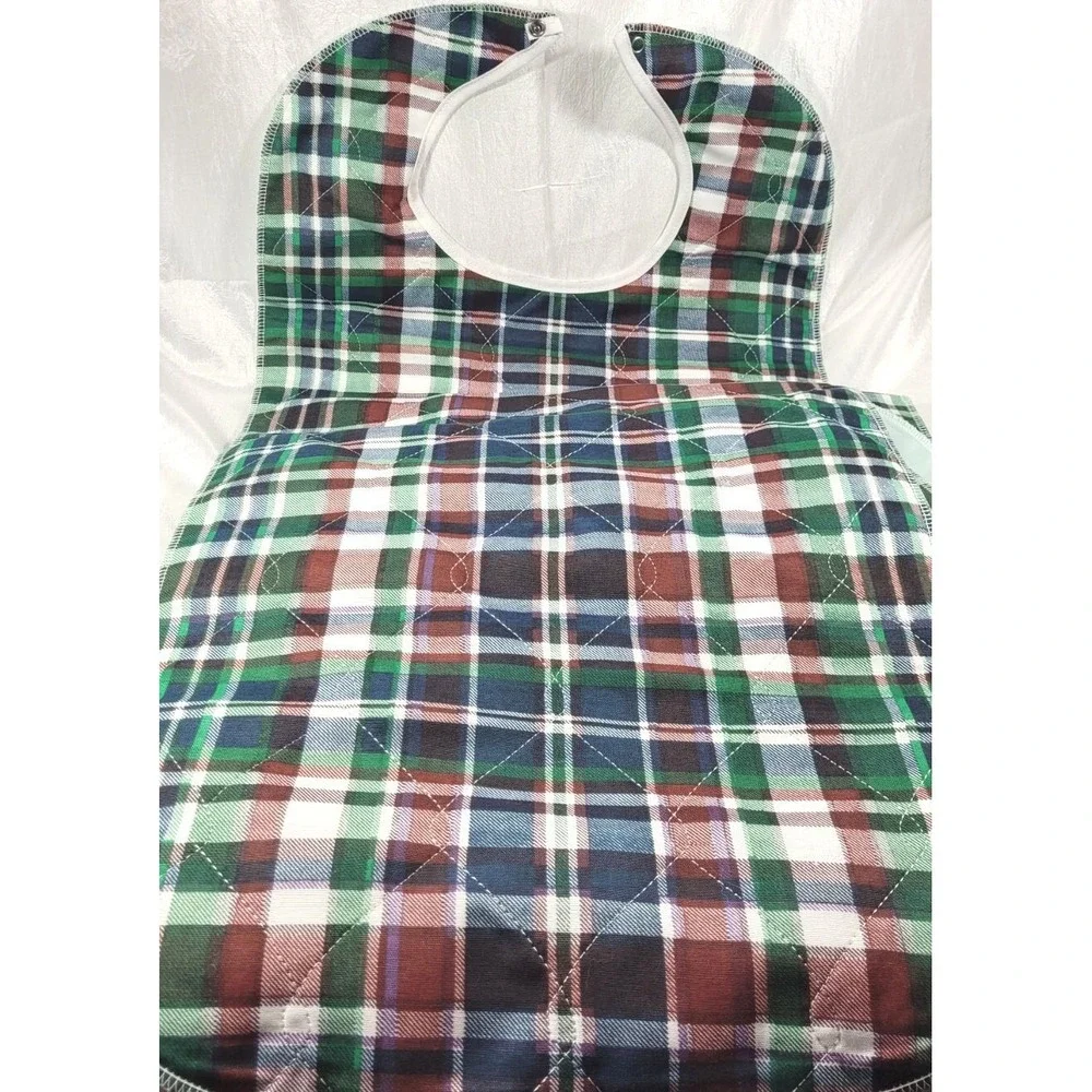 LOT: 3 Beck's Classic Waterproof Snap Closure Green Plaid Adult Bibs 18